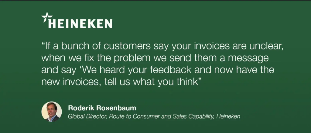 Green Heineken quote card from Roderik Rosenbaum discussing responding to customer feedback on invoices