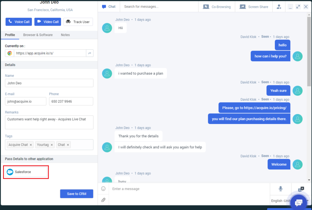 προβολή συνομιλίας acuire.io