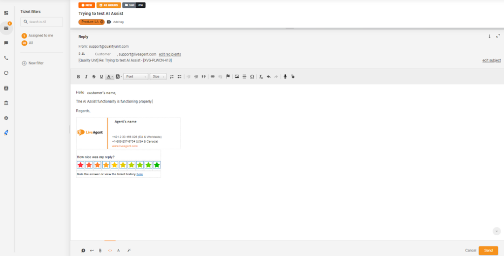 Ticket interface with Απόκριση που δημιουργείται από AI.