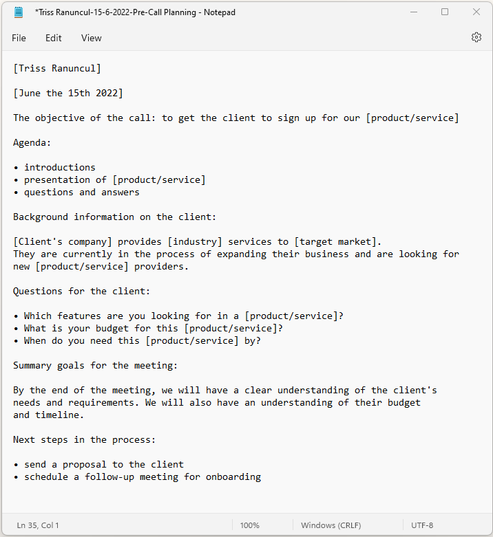 Παράδειγμα σημειώσεων προγραμματισμού πριν από την κλήση