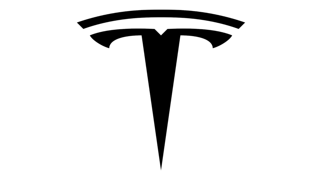 Tesla's logo, a stylized black 'T' on a white background