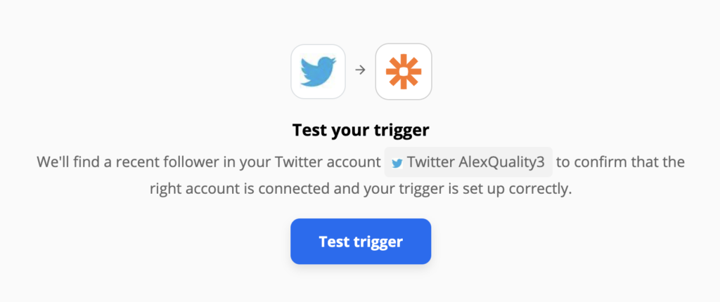 Δοκιμή κανόνα ενεργοποίησης στοTwitter στη ρύθμιση της ενσωμάτωσης εντός Zapier