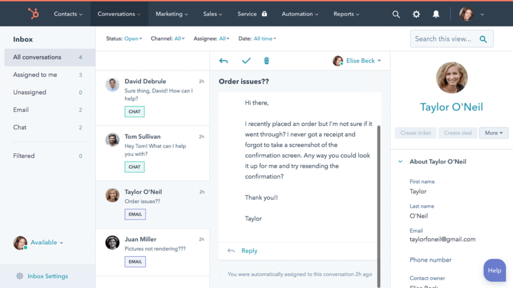 Εισερχόμενα ζωντανής συνομιλίας Hubspot