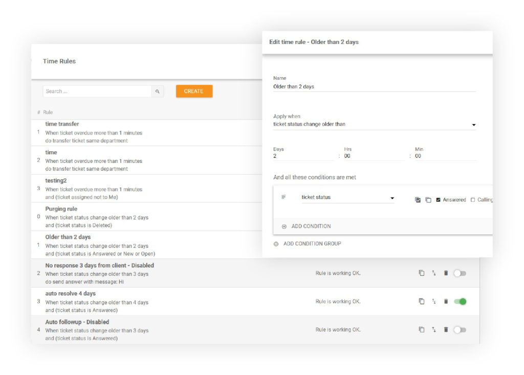 Screenshot of LiveAgent's interface for editing 'Time Rules' with various conditions and settings