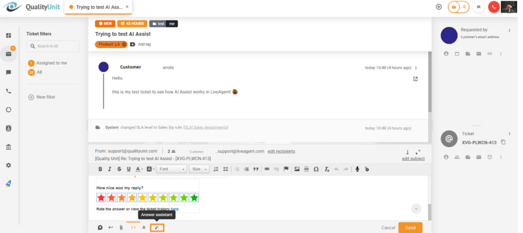 Μια εικόνα που δείχνει τη θέση του Κουμπί βοηθού απαντήσεων στη διεπαφή παράγοντα στο LiveAgent.