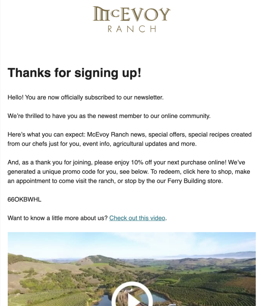 Email εγγραφής ενημερωτικού δελτίου McEvoy ranch