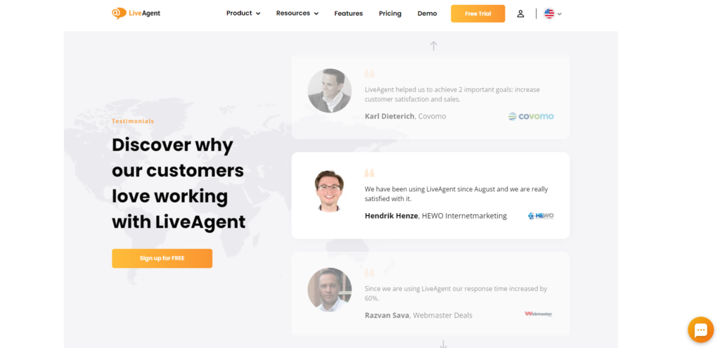 LiveAgent's landpage testimonals