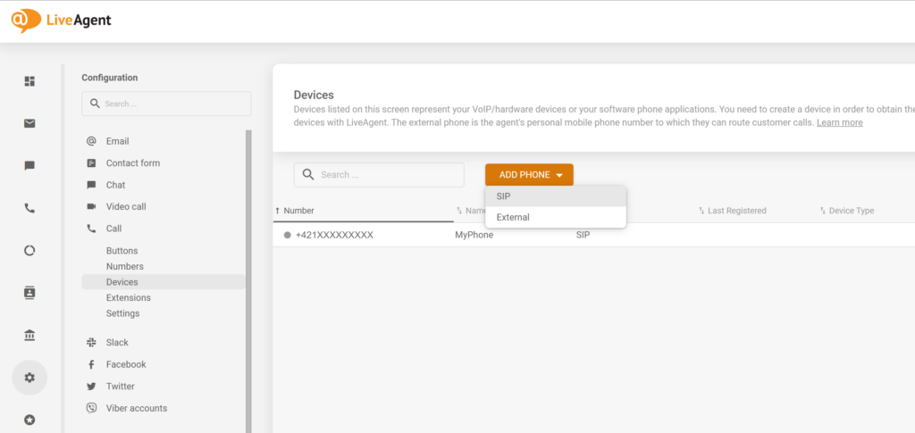 Μια εικόνα που δείχνει πώς να προσθέσετε ένα νέο τηλέφωνο SIP στη διαμόρφωση LiveAgent