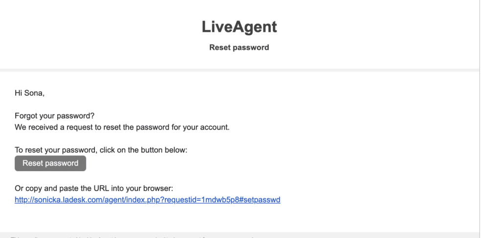 Email επαναφοράς κωδικού πρόσβασης στο LiveAgent