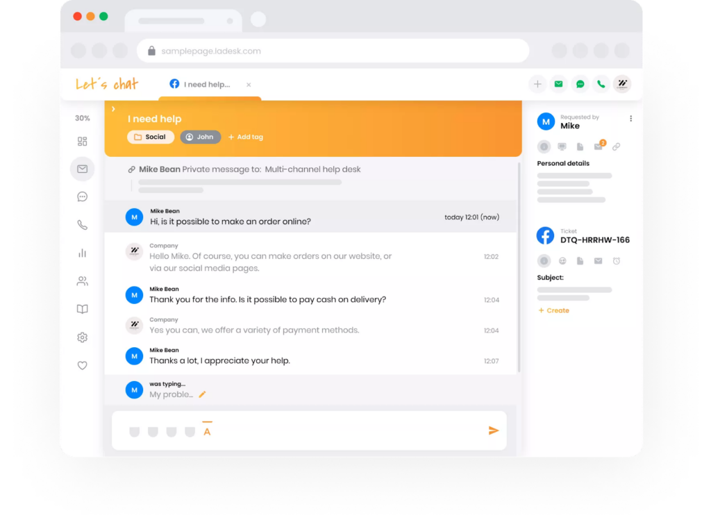 LiveAgent's customer support chat interface with a conversation window and user profile