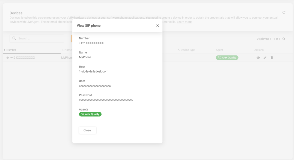 Μια εικόνα που δείχνει λεπτομέρειες ενός νέου τηλεφώνου SIP στη διαμόρφωση LiveAgent