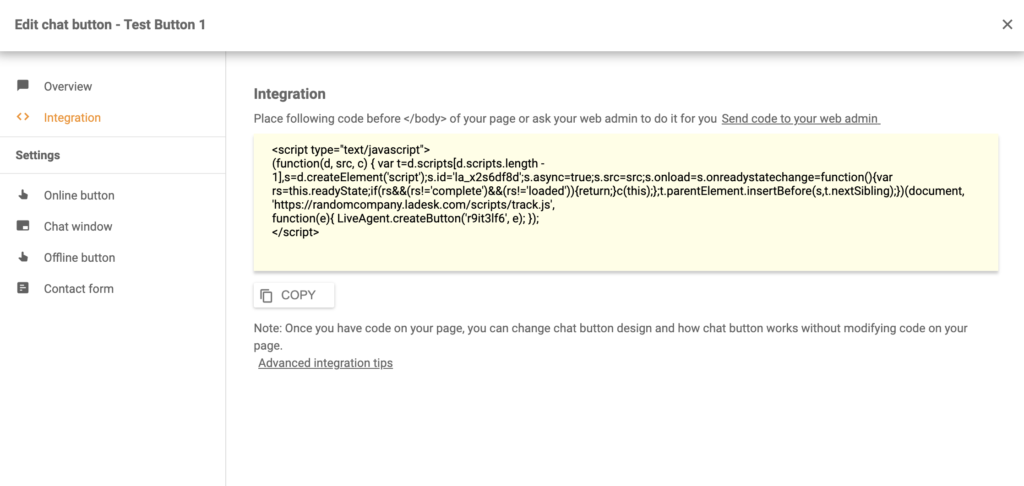 Ένας κώδικας κουμπιού συνομιλίας δημιουργήθηκε στο LiveAgent