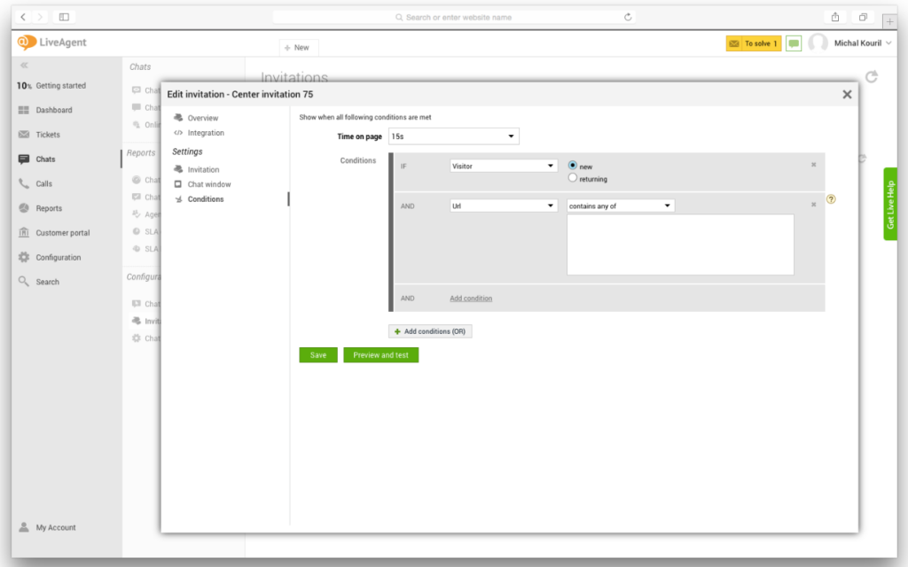 Ρυθμίσεις LiveAgent που δείχνουν τον τρόπο ρύθμισης ενεργοποίησης προληπτικής συνομιλίας