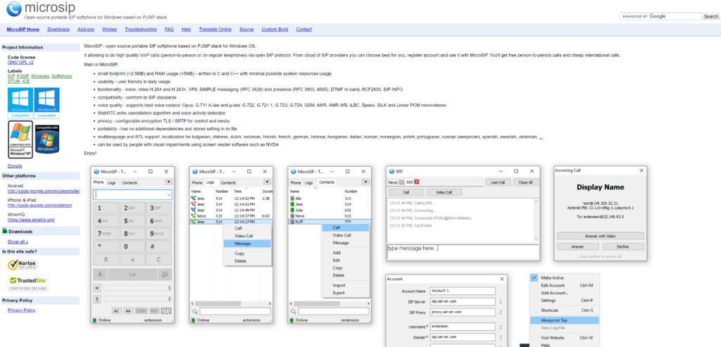 Μια εικόνα που δείχνει την αρχική σελίδα του MicroSIP