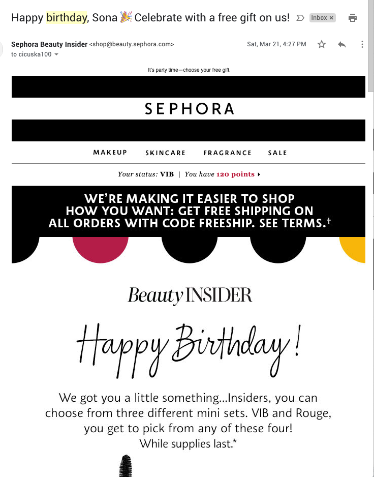 Πρότυπο email  επιβράβευσης Sephora