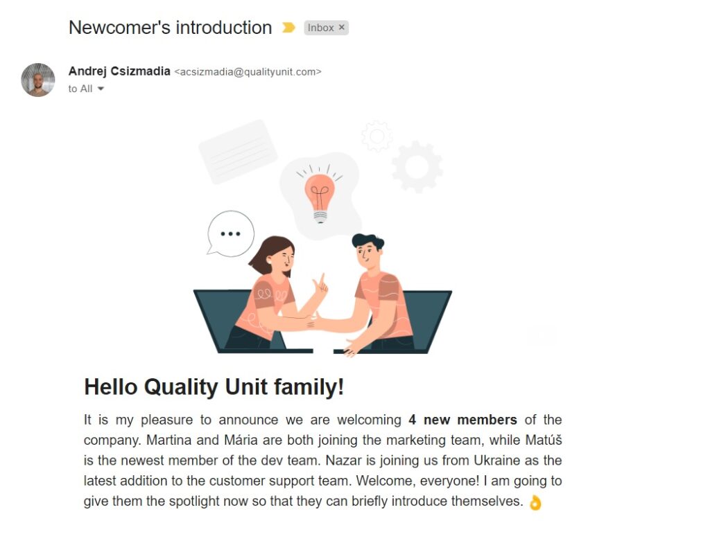 Email παρουσίασης της Quality Unit σε νέους υπαλλήλους