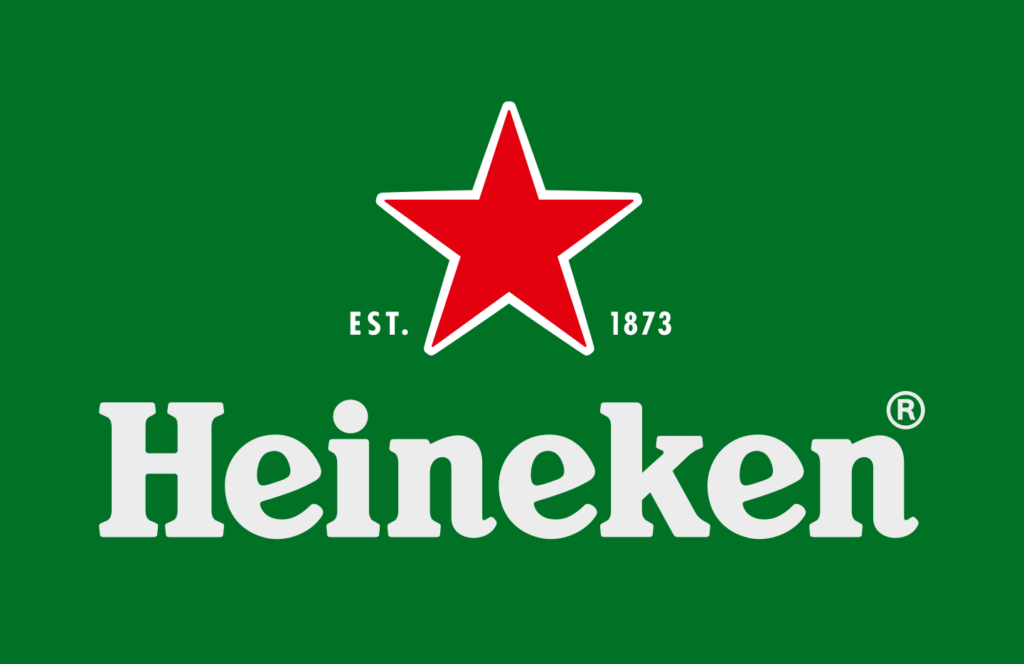 Heineken logo with a red star, white text 'Heineken', and 'EST. 1873' on a green background
